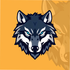 Game style wolf logo template illustration. Wolf head mascot sports symbol. Head of Strong Wolf with Blue Eyes.  Adobe Illustrator Artwork