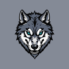 Game style wolf logo template illustration. Wolf head mascot sports symbol. Head of Strong Wolf with Blue Eyes.  Adobe Illustrator Artwork