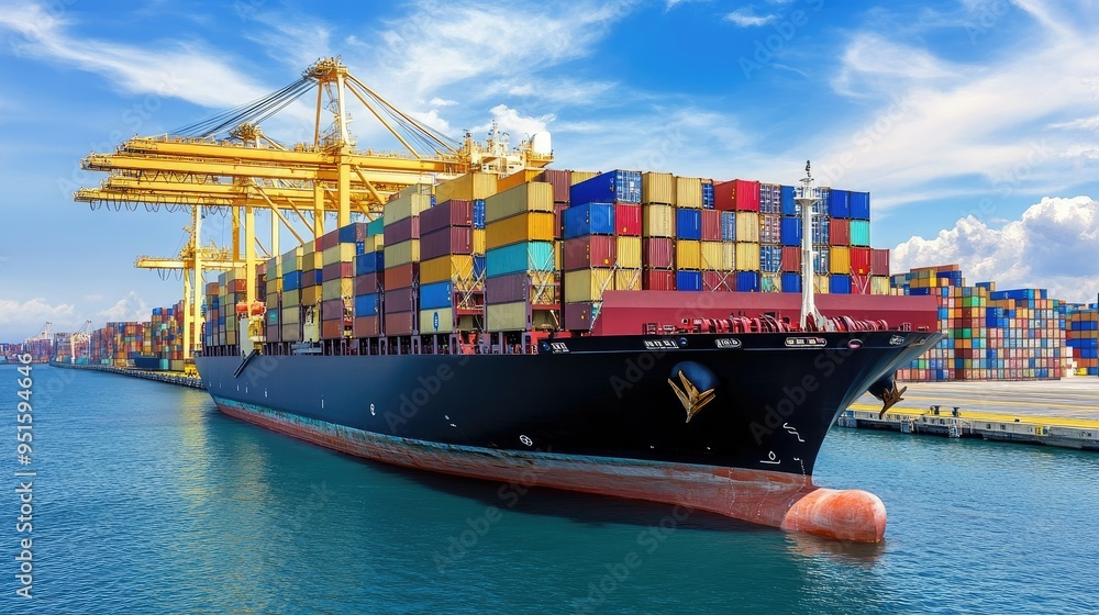 Wall mural container ship carrying container boxes import export dock with quay crane