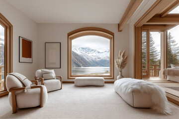 High-Quality Photo of a Super Luxe Modern Contemporary House Interior with Children's Playroom Overlooking a Lake