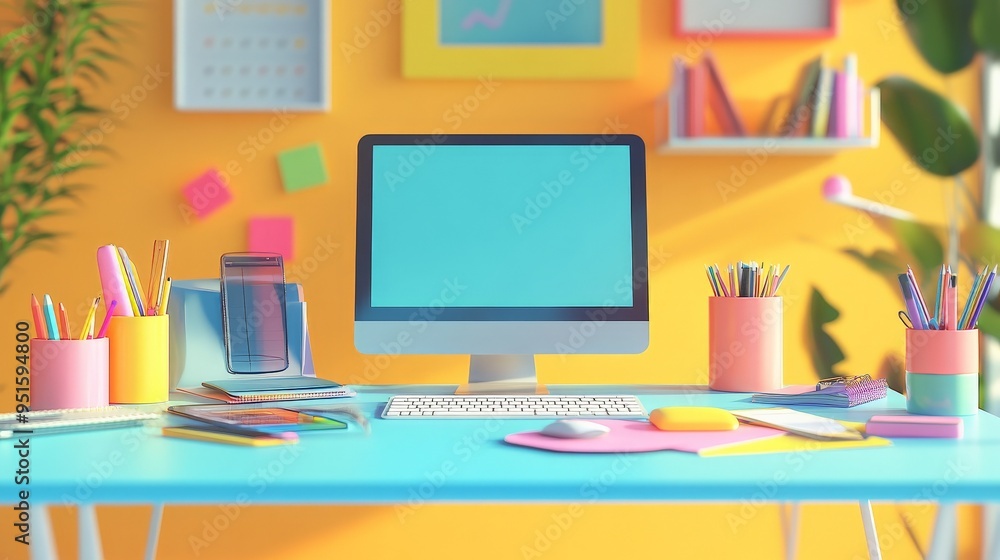 Poster bright & colorful workspace: a modern desk setup with a computer monitor showcasing a blank screen, 