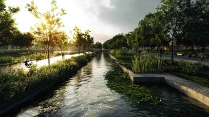 Fototapeta premium Serene Urban Park with Canal at Sunset Featuring Lush Greenery and Modern Walkways