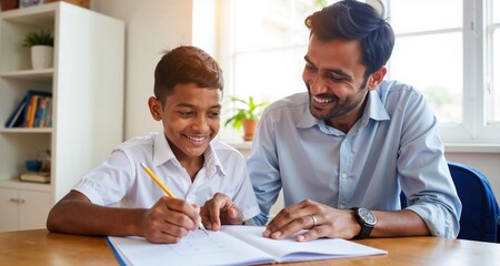 Supportive Indian Dad Helps Young Son with School Work at Home
