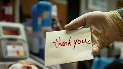 Glove-Covered Hand Holding a 'Thank You' Note