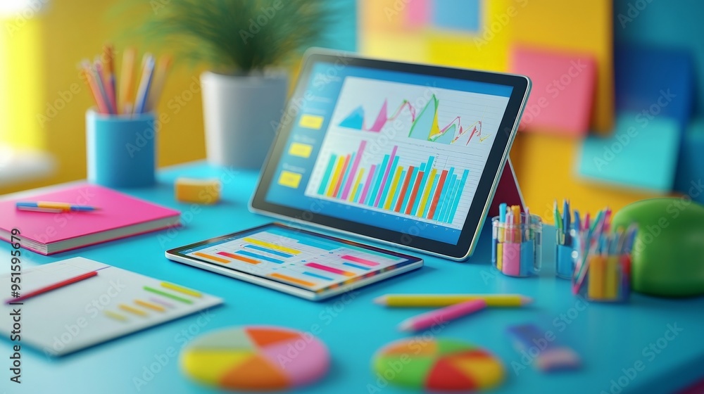 Poster vibrant data playground: a 3d render of a digital tablet showcasing colorful graphs and charts, set 