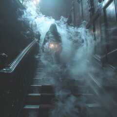 Fototapeta premium A mysterious figure ascends a foggy staircase, illuminating the darkness with a lantern, evoking an eerie atmosphere.