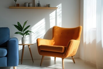 A bright and sunlit corner of a modern living room featuring mid-century modern furniture