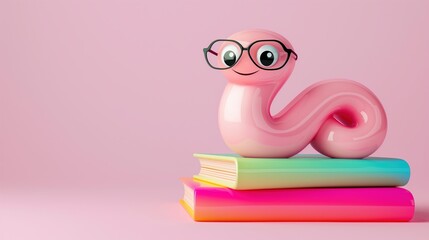 3d cartoon illustration of cute pink bookworm wearing glasses near books stack.