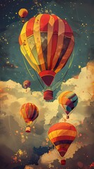 Naklejka premium Many hot air balloons around landscape abstract art poster background