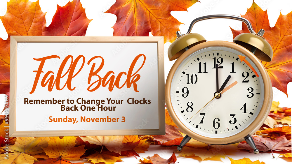 Wall mural fall back, daylight saving time ends, info banner with clock instruction to turning clock back one h