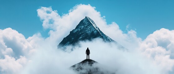 Majestic Mountain Peak Emerging Through Clouds with Silhouetted Figure in Foreground