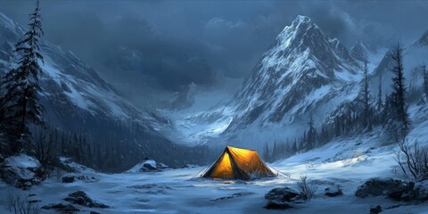 Camping in the wild, snowy mountains, adventure.