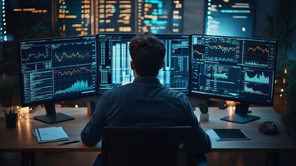 Mastermind of the Markets: A focused trader analyzes glowing financial charts across multiple monitors, immersed in the electrifying energy of late-night trading. 