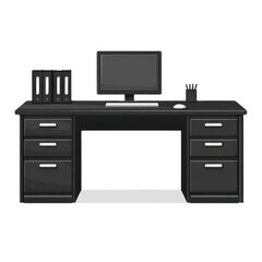 Stylish black desk with computer and storage drawers, perfect for a modern office or workspace design.
