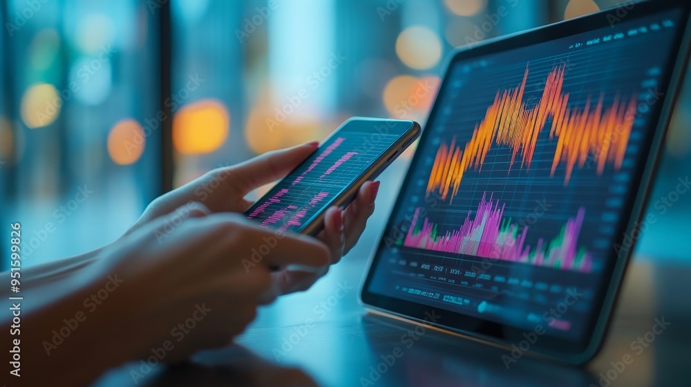 Poster hands on the pulse: a close-up of hands analyzing financial data on both a smartphone and a laptop, 