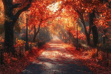 Fototapeta premium Autumn park scene with vibrant fall foliage creating an enchanting atmosphere, ideal for Halloween-themed designs and promotions with copy space.