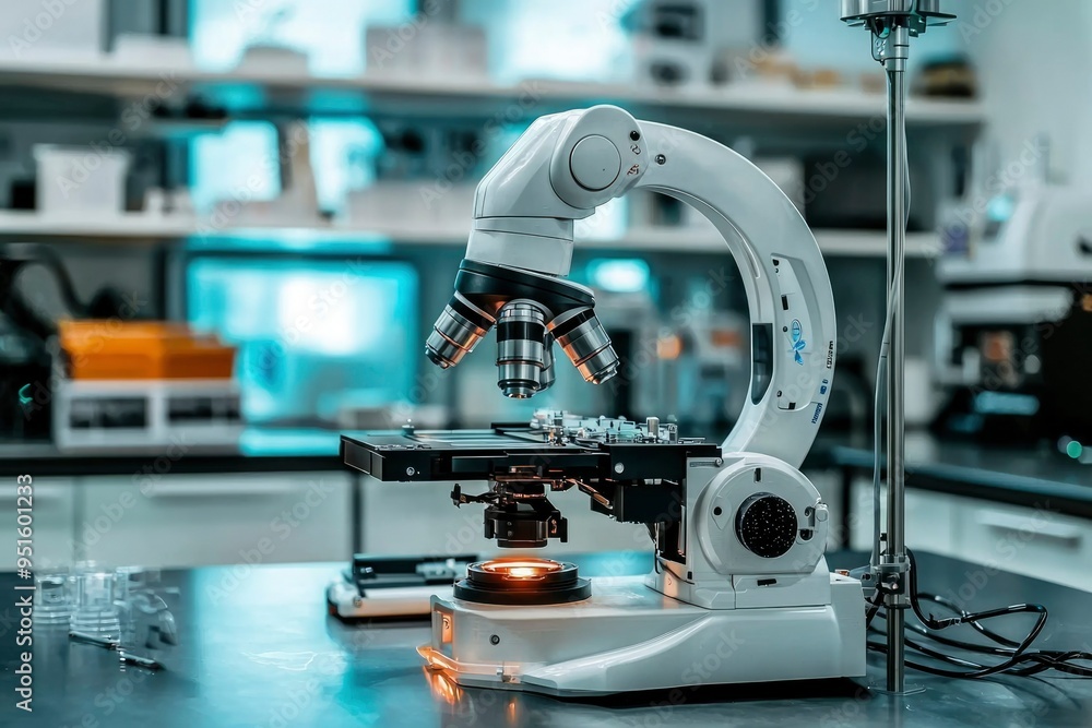 Poster modern microscope in a well-lit laboratory setting