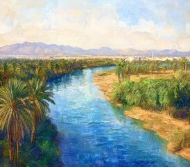 A serene river flows through lush greenery under a blue sky. It captures the beauty of nature. Ideal for landscape art lovers and nature enthusiasts. Generative AI