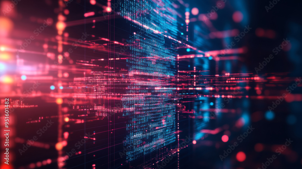 Poster abstract digital data visualization with glowing lines and vibrant colors conveying a futuristic tec