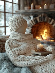 Obraz premium Warm and cozy winter setting with a knitted blanket, hat, and a candle by the fireplace, creating a serene atmosphere.