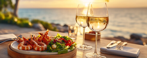 Grilled shrimps with salad and two glasses of white wine served on a restaurant table on the beach at sunset