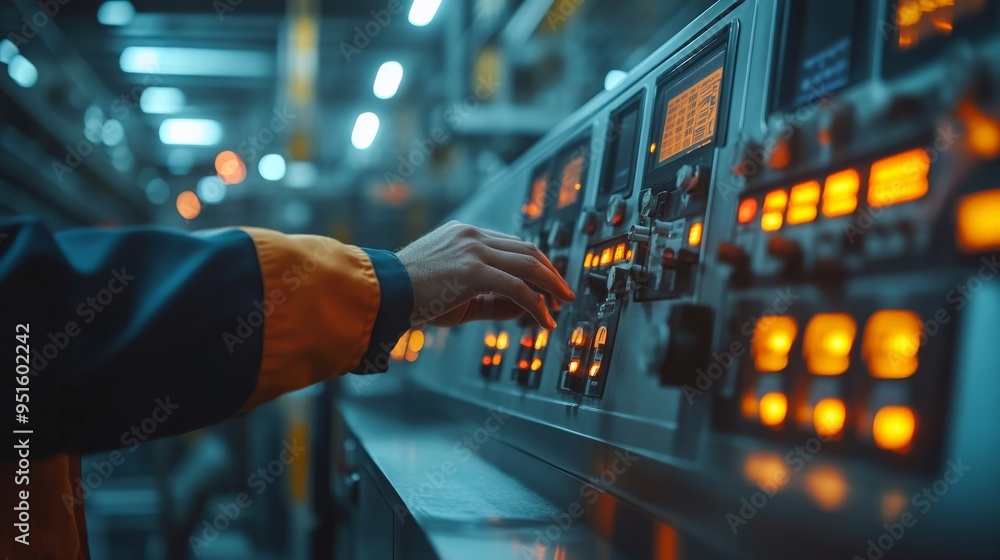 Poster industrial control panel: close-up shot of a worker's hand operating a complex control panel with gl