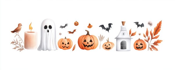 Fototapeta premium A Halloween banner featuring festive lettering and spooky elements, set against a white background in watercolor style.