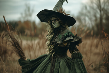Fototapeta premium Evil Green Witch with a Horrible Nose and Hat, Flying on a Broom and Casting Dark Spells with Malice
