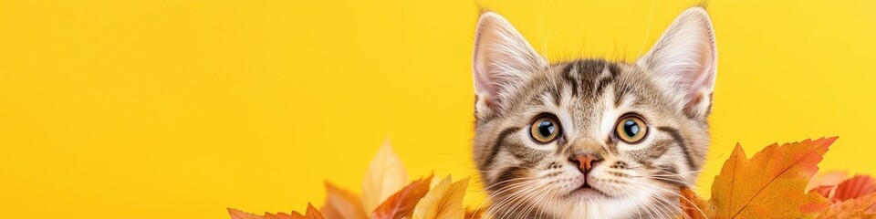 Fototapeta premium Cute Kitten with Autumn Leaves