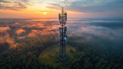 Aerial View of a Large, Modern Mobile Network Tower in a Beautiful Landscape with Green Forest and Blue Sky &ndash; High-Quality, High-Resolution Photo

