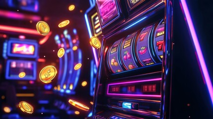 Casino slot machine display with spinning reels and flying coins in a neon light style.