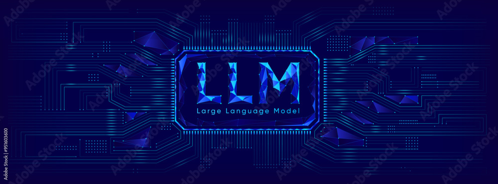 Poster illustration of abstract stream information with llm, dot and line. big data, technology, ai, data t