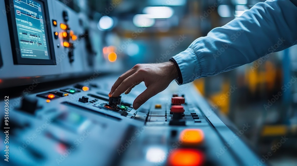 Poster control room precision: a close-up shot of a hand adjusting a control panel, emphasizing the precisi