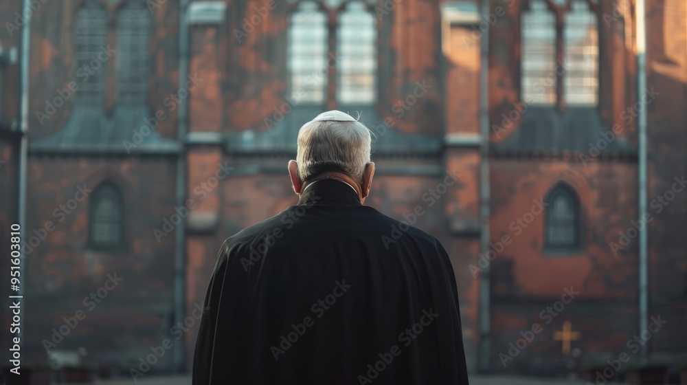 Poster a man in a black coat stands in front of a large brick building