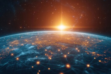 Obraz premium A glowing AIpowered communication network visualized as a web of light across a digital globe, symbolizing global connectivity