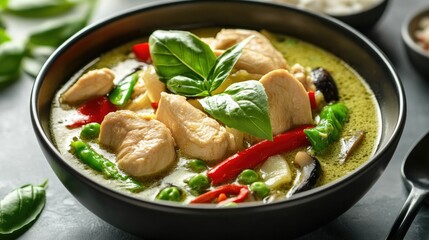 A bowl of green curry with chicken and vegetables.