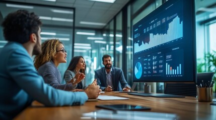 Data-Driven Decisions: A team of diverse professionals engages in a dynamic meeting, analyzing data projected on a large screen. The scene exudes focus, collaboration, and a clear vision for success. 