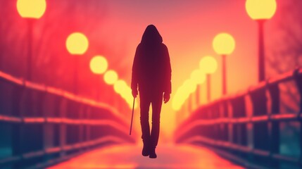 Full growth silhouette of a dangerous man wearing hood and holding metal bar in the hand, night city street background. True crime podcast cover.