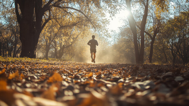 A lone runner enjoys a tranquil morning jog through a leaf-covered forest trail on an autumn day