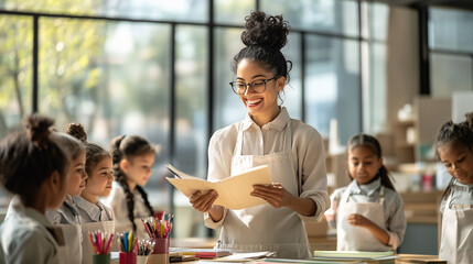 Obraz premium Smiling teacher reading a book to her attentive students during an art lesson in a modern classroom