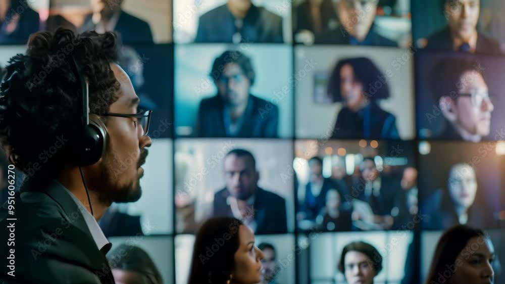 Aufkleber a man listens to a video conference with multiple participants displayed on screens, a grid of scree