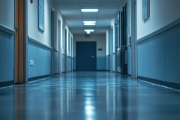 Fototapeta premium Hospital hallway, reception clinic. Unfocused background with generative ai