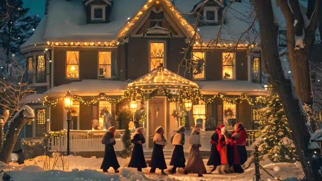 A group of carolers stand in front of a beautiful, snow-covered Victorian house, singing Christmas carols under a falling snow, A group of carolers singing in front of a beautifully decorated house