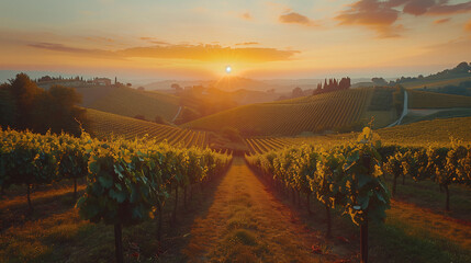 Rows of grapevines basking in the golden light of a majestic sunrise in a picturesque vineyard