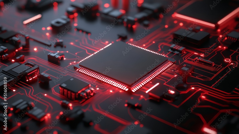 Poster red glowing circuit board with cpu chip