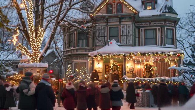A group of carolers sing Christmas songs in front of a beautifully decorated Victorian home covered in snow, A group of carolers singing in front of a beautifully decorated house