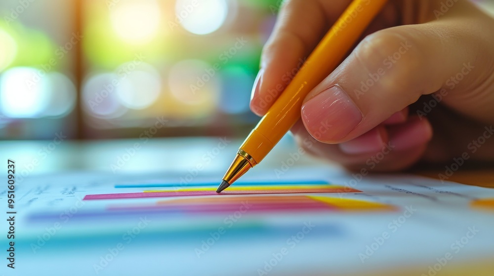 Poster analyzing the data: a close-up hand meticulously examines a colorful bar graph with a pen, embodying