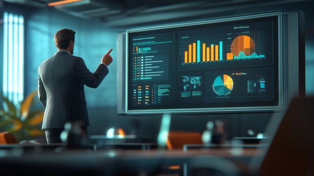 Data Driven Success: A businessman in a futuristic office setting, confidently points to a large screen filled with dynamic charts and data visualizations, symbolizing strategic decision-making and fo