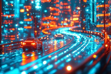Obraz premium A red sports car driving on a futuristic city highway at night