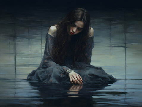 A solitary woman with long hair and a flowing dress sits delicately touching the reflective water surface, evoking a sense of calm and introspection, with artistic light play.